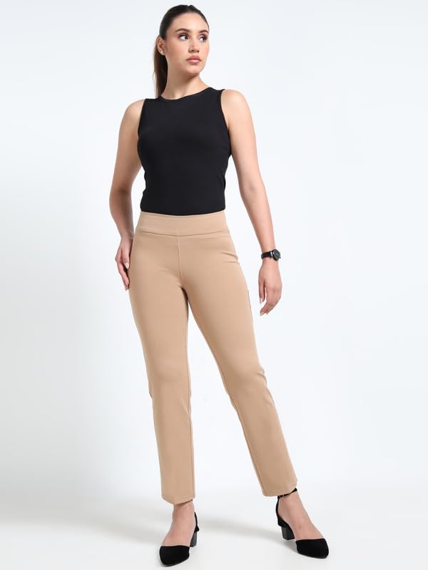Image of Women Formal Pants Straight Leg Tummy Tucker for Ladies with 2 Back Pockets - 4 Inch Waist Elastic Compression