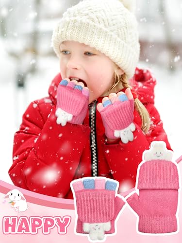 SATINIOR 2 Pairs Winter Kids Fingerless Gloves Toddler Finger Mittens Knit Convertible Half Finger Mitten Flap Aged 3-10(Pink, Beige,Rabbit)2