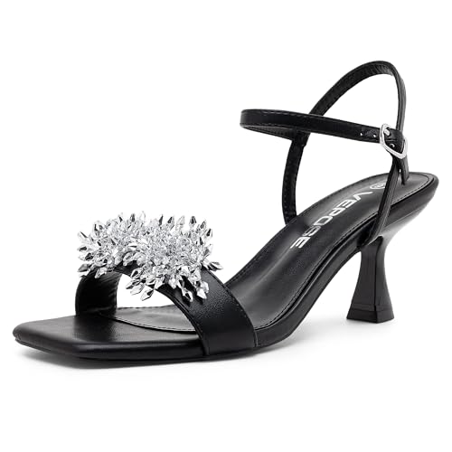 VEPOSE Vepose Women's Rhinestone Kitten Heel Sandals Ankle Strap Heels