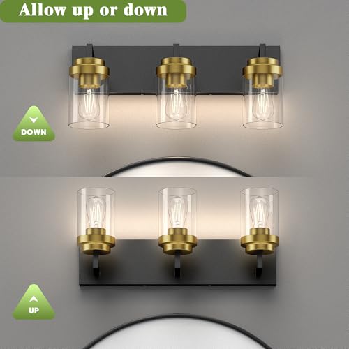 Image of Bathroom Lighting Fixtures, 3-Light Bathroom Vanity Lights Over Mirror, Black and Gold Vanity Light with Glass Shade, Modern Vanity Lighting Fixtures for Bathroom, Bedroom, Hallway