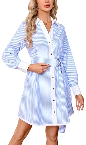 Image of YEXPINE Womens Striped Shirt Dress Long Sleeve Button Down V Neck Mini Tunic Dress Belted Workwear Dresses with Pockets