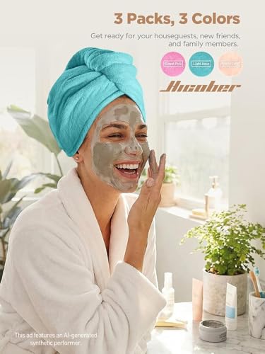 Image of Hicober Microfiber Hair Towel, 3 Packs Hair Turbans for Wet Hair, Drying Hair Wrap Towels for Curly Hair Women Anti Frizz (Light Aqua,Peachy Coral, Sweet Pink)