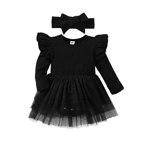 Baby Girl Ruffle Sleeve Romper Dress Outfit Newborn Princess Tulle Dresses Infant Jumpsuit Tutu Skirt Set Clothes (Black-Long Sleeve, 3-6 Months)