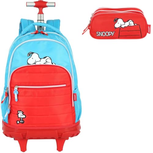 Mochila Infantil Rodinhas Snoopy e Estojo Triplo Azul