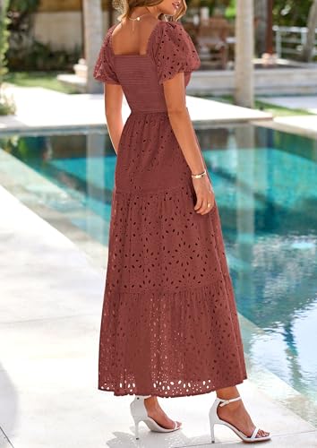 Image of PRETTYGARDEN Summer Dresses for Women 2026 Eyelet Square Neck Puff Sleeve Smocked Wedding Guest Maxi Dress with Pockets