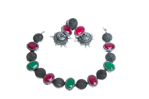 Dwell Oxidised Choker Jewellery Set with Kundan Stones || Long Jhumka Earrings || Fashion Stylish Traditional Oxidised Silver Necklace Jewellery Set for Women (Red & Green) (B0DG36SM3V) Amazon Price History, Amazon Price Tracker