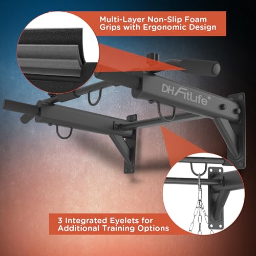 DH FitLife 4-in-1 Pull Up Bar Wall Mounted | Multifunctional Chin-Up Bar with Expansion Anchors for Home Gym | 6 Non-Slip Grips | 3 Hooks for Punch Bag & Suspension Trainer | Supports up to 200 kg - Image 5