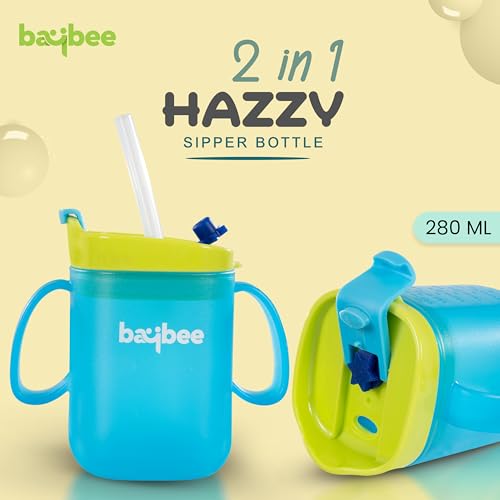 Image of BAYBEE Hazzy 2 in 1 280ml Baby Sipper Bottle for Kids, Drinking Training Anti Spill Sippy Cup with Silicone Straw, Spill Proof & Non-Slip Twin Handles | Spout Sipper Cup for Infants 6+ Months (Blue)