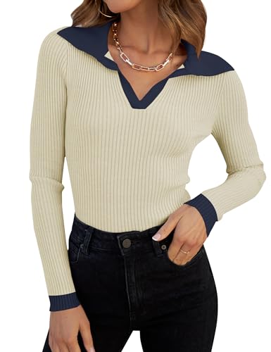 Image of ZESICA Womens Fall Long Sleeve Sweaters Casual Knitted Tops | V Neck,Color Block,Slim Fit Tops,Casual Knitted Sweaters,Cute Tops,Ribbed Knit Tops,Business Casual Tops,Work Office Blouse