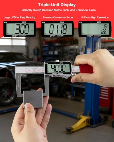 Image of Digital Disc Brake Rotor Micrometer, 0-50mm /0-6 Rechargeable Brake Thickness Gauge, Digital Caliper MM /Inch /F Display, IP54 Waterproof, Stainless Steel for Auto & DIY