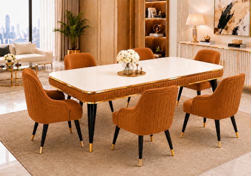 Image of WOODEN SPACE 6-Seater Wooden Dining Table Set | Nano Composite Marble Top | Solid Wood Base | Modern Dining Room Furniture with 6 Chairs (Mustard Modern Zyro)