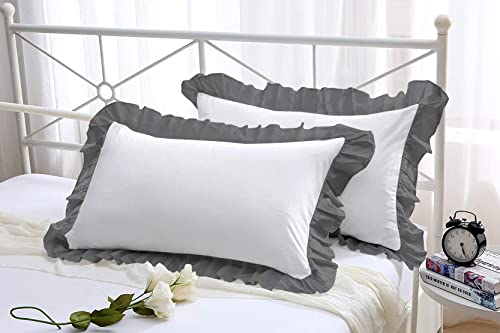 Image of YRM Bedding's Ruffle Beautiful Pillow Cover | Super Soft Elegant Premium Microfiber Frill Pillow Cover Set of 2 (17 inchx27 inch Inches) (White /Dark Grey)