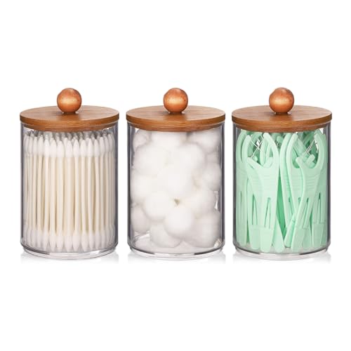 Tbestmax 10oz Qtip Holder Cotton Swab/Ball/Pad Holder with Vanity Tray, Clear Bathroom Containers Dispenser for Storage 3 Pack Wood Lids