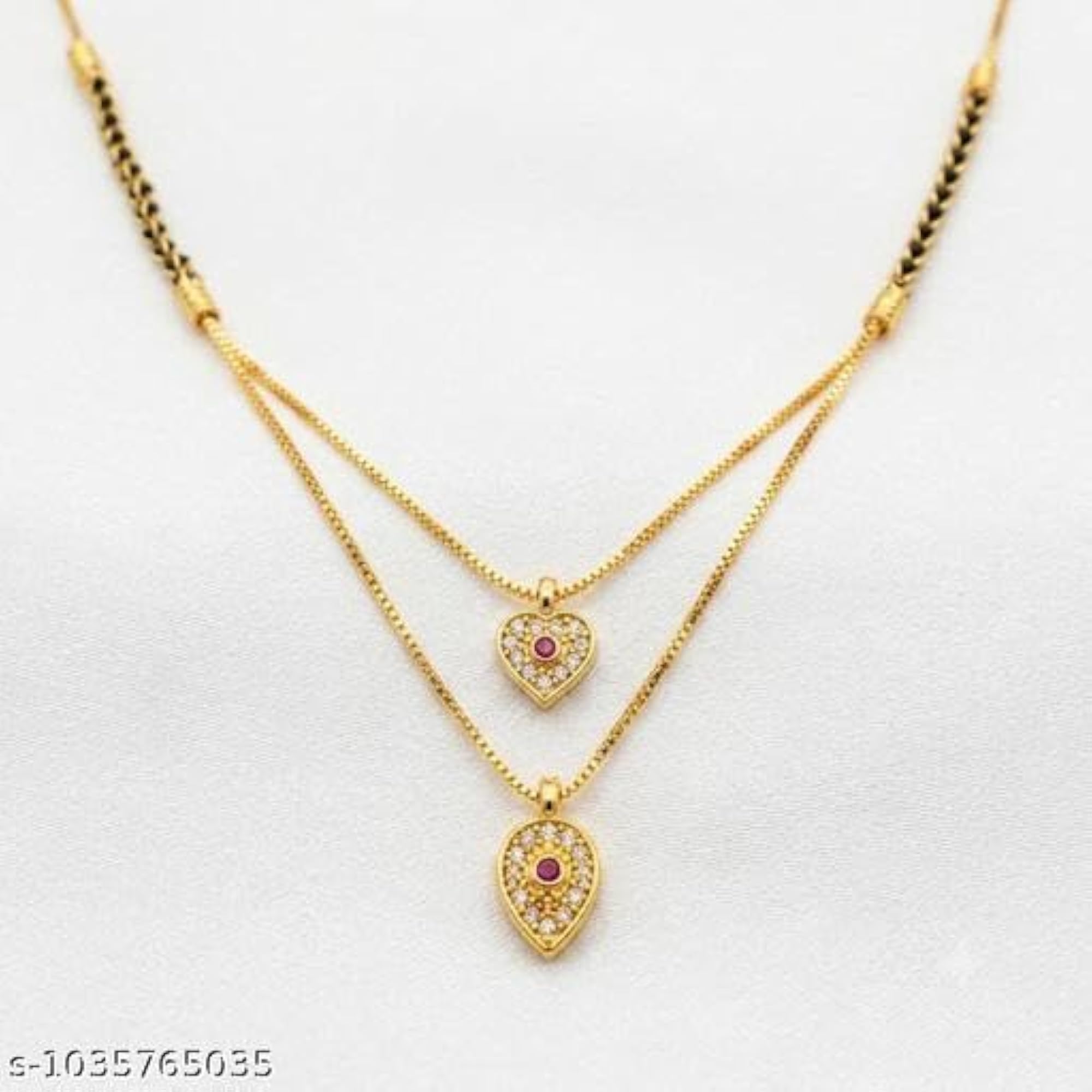 2 Layer AD Stone Mangalsutra with Gold Plated Short Black Bead Chain