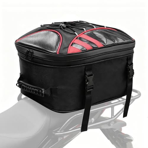 MDSTOP Motorcycle Tail Bag, Dual Use Seat Helmet Bag Backpack with Waterproof Rain Cover, 22L-34L Expandable Motorcycle Rear Seat Bag (Black+Red, M) Black+Red M