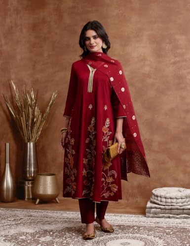 Image of Amazon Brand - Myx Women's Embroidered Kurta Suit Set with Dupatta with Jaquard Dupatta | A-Line Salwar Suit Set (Available in Plus Sizes)