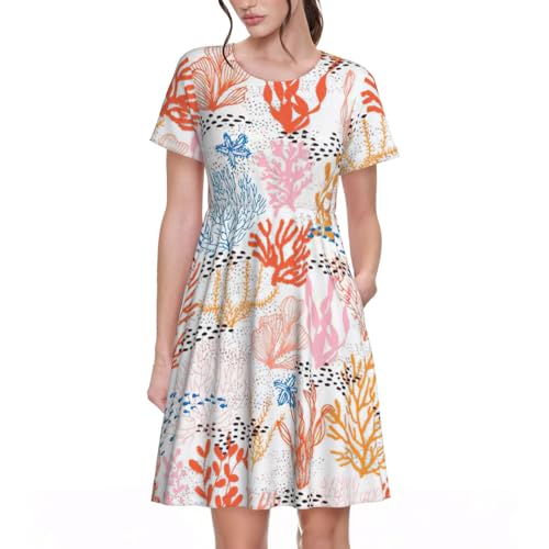 Robe d'été à manches courtes femme motif corail pour fête et chic