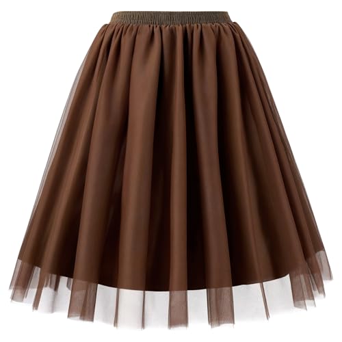 TRIWORKS Tüllrock Braun Damen Hohe Taille Layered Puffy Tüll Rock Damen A-Linie Midirock für Party Halloween Karneval M