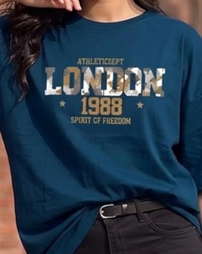 Image of Women's Typography Round Neck Cotton-Blend T-Shirts, Oversized Drop Shoulder Boho Style T-Shirt