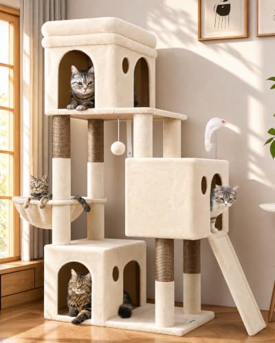 Image of Globlazer Heavy Duty Cat Tree for Indoor Cats Large Adult, F52B, Beige | 3 Condos, Extra-Large Baseboard, Removable Top Perch, 4 Sisal Posts & Board, Hanging Basket, Anti-Topple Strap, Easy Setup