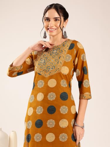 Image of Vbuyz Women's Printed & Hand Work Straight Cotton Blend Parrot Green Kurta,Pant with Dupatta | Kurta Set with Dupatta for Women | Suit Set | Ethnic Set | Printed Kurta Set | Salwar Set for Women
