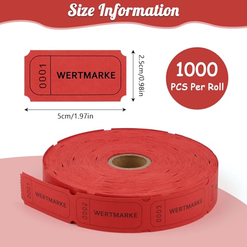 1000 Stück Wertmarken Rollen, Essensmarken Rot, Abrisse Getränkemarken, Fortlaufende Nummer Gutscheinmarken für Geschäfte Bar Hochzeit Karneval Party Veranstaltungen