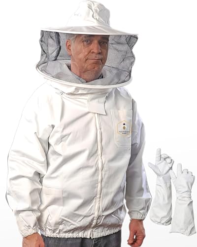 Beekeeping Jacket with Round Veil and Gloves, 100% Cotton Bee Jacket with YKK Brass Zippers - XL
