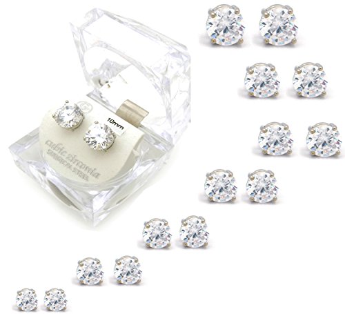 Silver Tone 4,5,6,7,8,9,10mm Clear Round Shape Cubic Zirconia Magnetic Stud Earring (All Size)