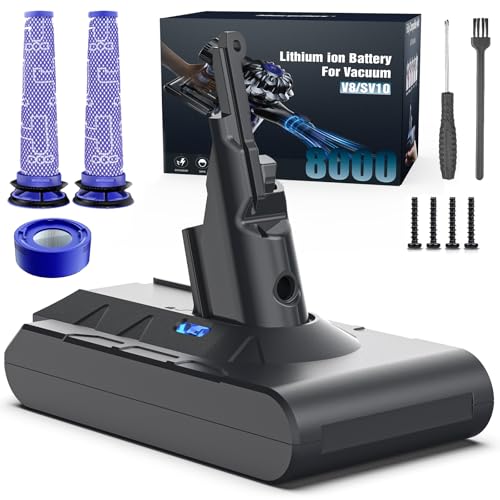 8000mAh Rechargeable Replacement Battery for Dyson V8 Series Vacuum Cleaners, Providing 60 Minutes of Runtime in Standard Mode, Installs in Just 3 Minutes, Includes 2 Pre Filter and 1 Post Filter