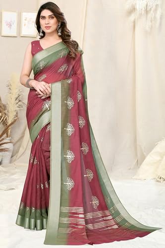 Image of MIRCHI FASHION Women Saree Cotton Blend 2-Tone Foil Print | Lightweight Comfortable Office Wear Sari with Blouse Piece