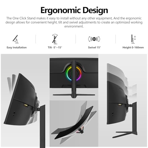Image of Gawfolk 49 Inch Ultra-Wide Curved Gaming Monitor 165Hz PC Screen 3840x1080 | Ultrawide Dual FHD Computer Dispaly, FreeSync, Height Adjustable, HDMI 2.1 /DP 1.4, Compatible Wall Mount 100*100mm