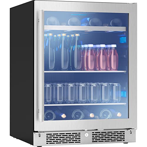 Zephyr 24" Wine Fridge & Beverage Refrigerator ADA Single Zone Under Counter - Mini Wine Cooler Cellars Small Beer Fridge Cabinet Drink Chiller Freestanding with French Glass Door - 7 bottles 112 cans