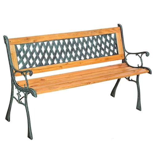 tectake® Panca da Giardino in Legno e Ghisa, Panchina da Esterno 2 Posti, Panca con Schienale Intrecciato, Resistente alle Intemperie, 128 x 51 x 73 cm – Marrone