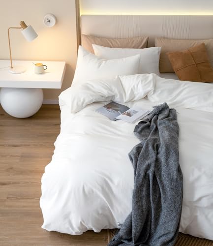 JIYUAN 100% Washed Cotton Duvet Cover Set 3 Pieces Oversized King, 1 Duvet Cover 120x98 Inches(Comforter Not Included) and 2 Pillowcases,Linen Feel Bedding Set Comfy and Breathable,Bright White