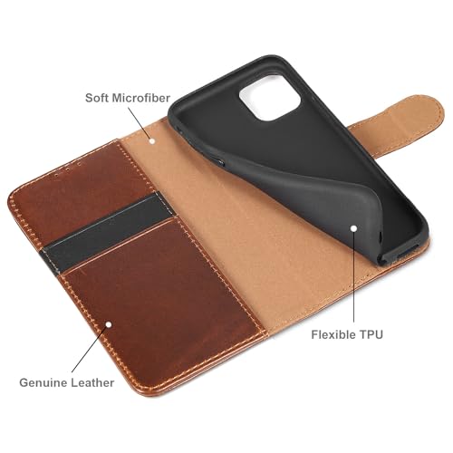 LENSUN Genuine Leather Case for iPhone 12 Mini, Flip Case with Magnetic Closure, Stand Function, Card Slot, RFID Blocking - Dark Brown - Image 4