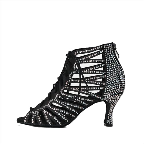 EAKLVB Women Ballroom Dance Shoes Latin Salsa Practice Performance Diamond-Studded Fashion Hollow Lace-Up High Heels Shoes (Black, Adult, Women, 12, Numeric, US Footwear Size System, Medium)