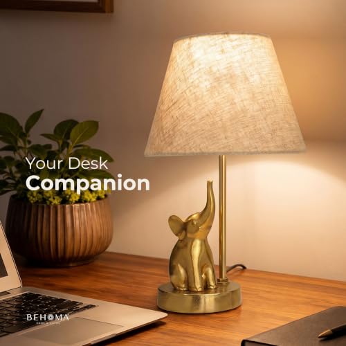Image of BEHOMA Elephant Table Lamp with Antique Aluminium Base & Fabric Shade | Elegant Home & Office Decor | Gift for Men, Kids, Housewarming Anniversary & Birthday Diwali Festivals (Bulb Not Included)