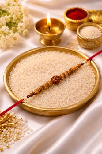Image of Rudraksha Bracelet for Brother - Brown, Modern, Round, Lobster Claw Clasp, Rope Chain, Strand, Handmade /Fine Jewelty, Multiple Count, Bull Theme, Raksha Bandhan