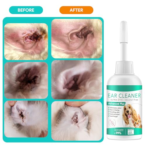 PEGRAUFC Ohrenreiniger Hund, 60ml Ohrentropfen Ohrentropfen Milben, Hund Ohrentropfen stoppen Ohren Entzündungen und Juckreizskin Tag Removal Ohrreiniger für Hunde, Katzen und Alle Anderen Tiere