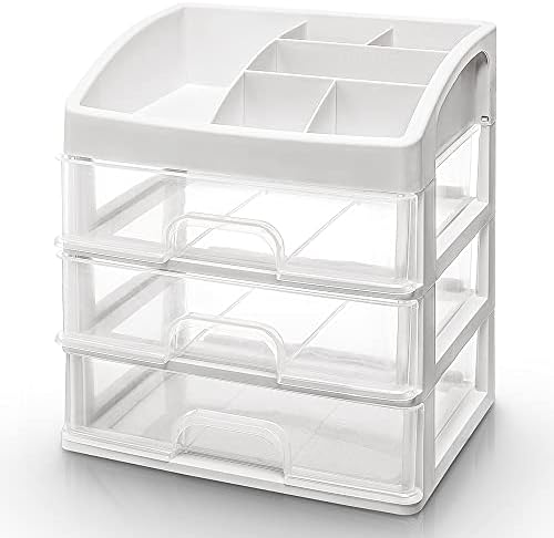 Seelux Makeup Organiser with 3 Drawers Clear Cosmetic Display Table Storage Box Case Lipsticks Brushes Holder for Bedroom Dressing Bathroom Plastic White 23x17x27cm Reusable