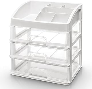 Seelux Makeup Organiser with 3 Drawers Clear Cosmetic Display Table Storage Box Case Lipsticks Brushes Holder for Bedroom Dressing Bathroom Plastic White 23x17x27cm Reusable