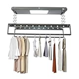 PureLinensliey Electric Retractable Airing Rack Gray, Ceiling Clothesline 77lbs Load, Ceiling Mounted Clothes Drying Rack 24W with Remote and Light for Laundry Balcony (Gray)