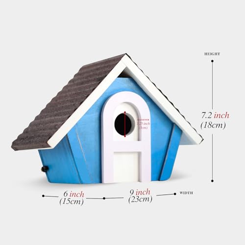 Cottage Bird House for Outside - Water Proof Cabin Birdhouse for Outdoor - Wren House for Outdoor - Weather Proof Squirrel Proof Metal Roof Protected - Easy Cleaning Wall Mountable (Blue White)