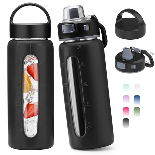 Kodrine 20oz Glass Water Bottle with Straw-2 Lids for Easy Carry, with Handle, Silicone Sleeve & Time Marker, Reusable Glass Drinking Bottle for Home,Office,Outdoors, Cupholder Friendly-Black