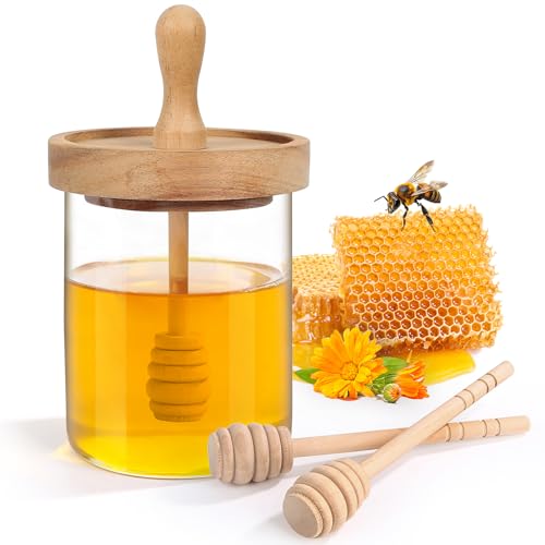SlZKADY 12 Oz Honey Jar with 2 Wooden Dippers and Lid,Honey Pot Dispenser,Clear Glass Honey Container for Home Kitchen,Store Honey and Syrup,Easy to Clean