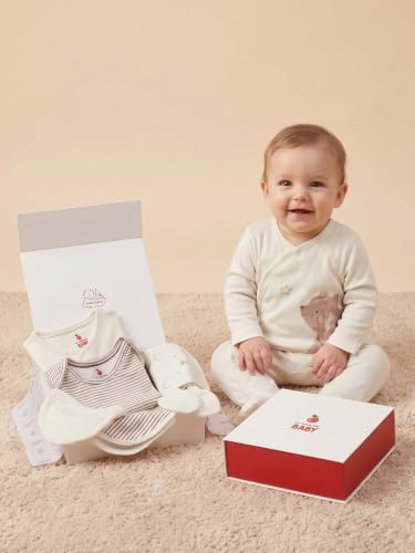 Image of 6 Pcs Clothing Gift Set with Box, 100% Cotton Soft & Breathable 6-Piece Layette Set with Bodysuit, Romper, Bib, Cap, Mittens & Swaddle, 0-12 Months, All-Season Wear