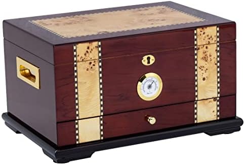 Quality Importers Solana Desktop Cigar Humidor, Rosewood with Maple-Burled Wood Inlay, Glass Hygrometer, Spanish Cedar Tray with Divider, Accessory Drawer, Holds 75-100 Cigars