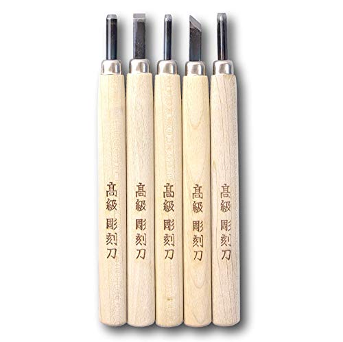 KAKURI Japanese Woodblock Carving Tool Set 5 Pcs, Woodcut Printmaking Tool and Sharpening Stone Set, Japanese Steel Wood Carving Knife for Kids and Beginner, Made in JAPAN