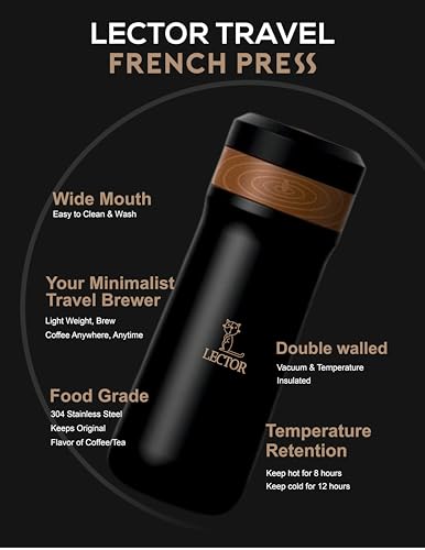 Image of LECTOR French Press Travel Coffee Maker |Double Mesh Steel Filter for Smooth Brew |Portable, Compact & Lightweight | Spill-Proof, Ideal for all Office Goers, Use at Home, Office & Travel (BLACK) 320ML