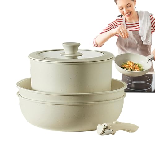 - Batería de cocina gourmet, utensilios de cocina antiadherentes | Olla y sartenes para cocinar,Juego de cocina crema antiadherente, mango extraíble para hornear, sartenes